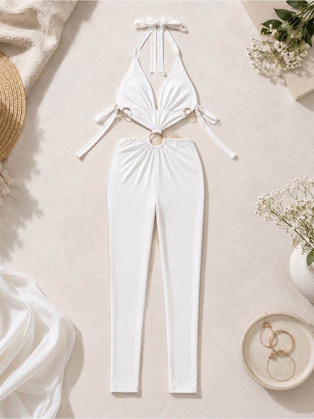 Boutique White Halter Cutout Jumpsuit with Gold Ring Hardware – Size Large